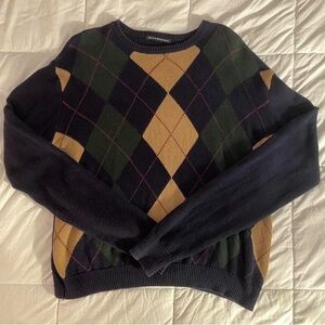 Brandy Melville Argyle Crewneck Sweater - Navy, Green & Tan
